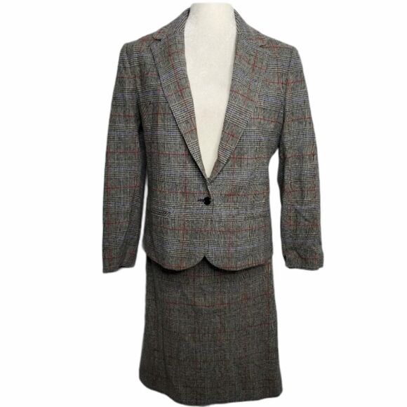 Vintage Dresses & Skirts - VINTAGE 80s skirt set dark academia wool plaid one button blazer suitM